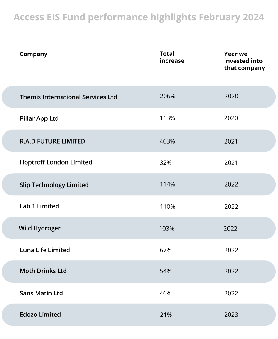 a table showing performance details of companies in the Access EIS Fund portfolio.